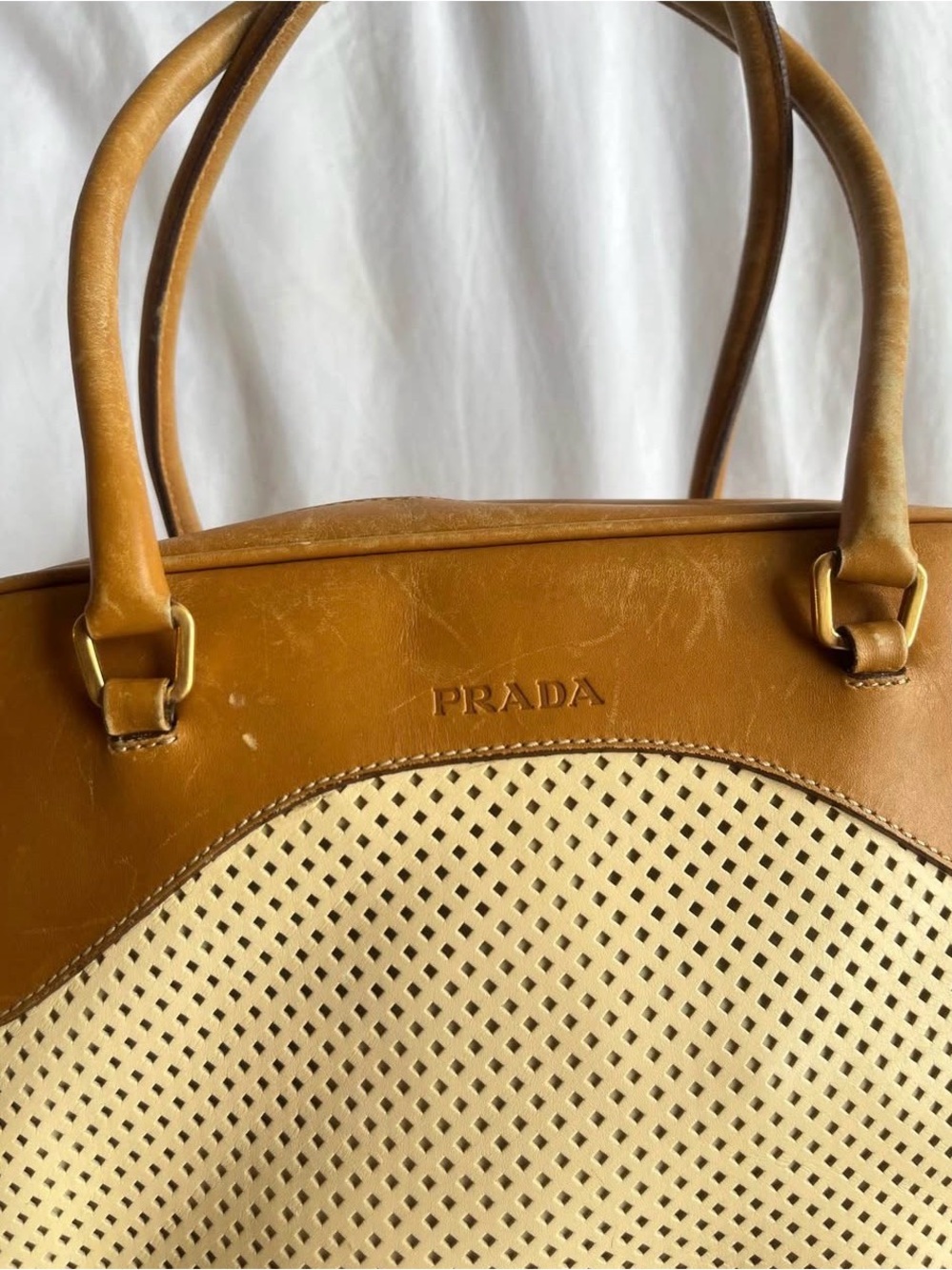 Prada Tan and Cream Perforated Shoulder Bag - Picture 2 of 8